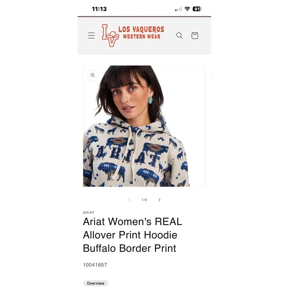 Ariat REAL AOP Sweatshirt Hoodie Womens All Over Print Wild Buffalo Wolf Small‎
